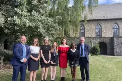 OA David Fugurally (left) and Andrew Sharp (right) with Ursuline Headteacher, Dannii Lancefield and OA prize winners for service, selflessness and the Principal’s award