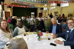 Ursuline Alumni mix and Alice Odeke, Ursuline Alumni Secretary, (Centre) with OA President, Chris Horsburgh (2nd from right) and OA committee member. Andrew Heap (right)